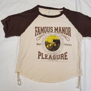 Famous Manor Cropped Raglan Graphic Tee Western Cowgirl Drawstring Hem